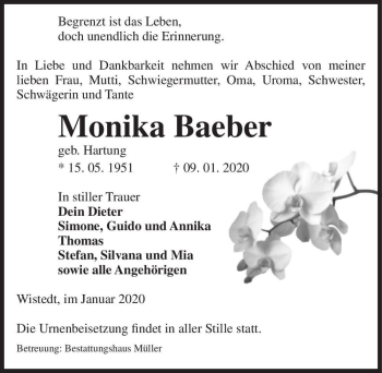 Traueranzeige von Monika Baeber (geb. Hartung)  von Magdeburger Volksstimme