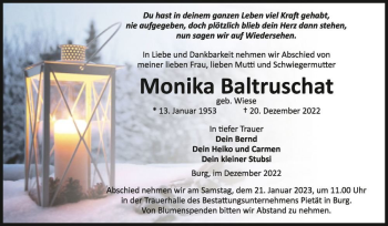 Traueranzeige von Monika Baltruschat (geb. Wiese)  von Magdeburger Volksstimme