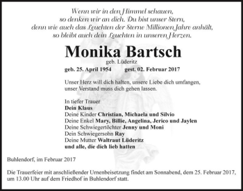 Traueranzeige von Monika Bartsch (geb. Lüderitz)  von Magdeburger Volksstimme