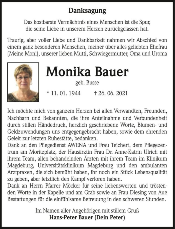 Traueranzeige von Monika Bauer (geb. Busse)  von Magdeburger Volksstimme