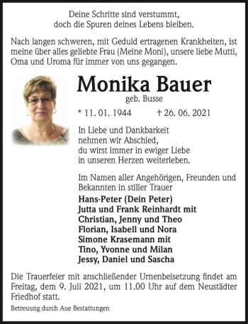 Traueranzeige von Monika Bauer (geb. Busse)  von Magdeburger Volksstimme