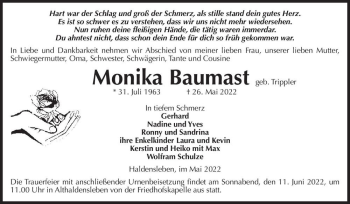 Traueranzeige von Monika Baumast (geb. Trippler)  von Magdeburger Volksstimme
