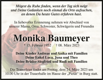 Traueranzeige von Monika Baumeyer  von Magdeburger Volksstimme