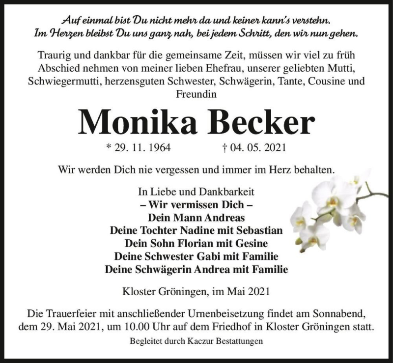  Traueranzeige für Monika Becker  vom 15.05.2021 aus Magdeburger Volksstimme