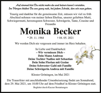 Traueranzeige von Monika Becker  von Magdeburger Volksstimme