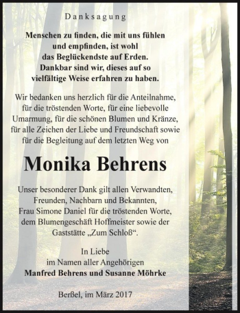 Traueranzeige von Monika Behrens  von Magdeburger Volksstimme
