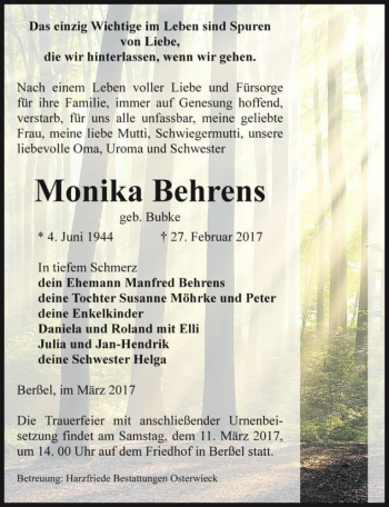 Traueranzeige von Monika Behrens (geb. Bubke)  von Magdeburger Volksstimme