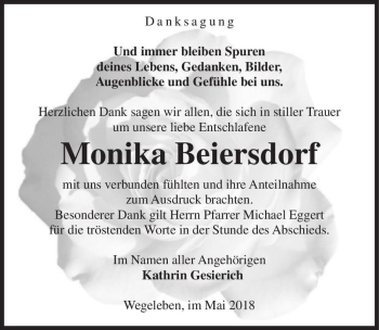 Traueranzeige von Monika Beiersdorf  von Magdeburger Volksstimme