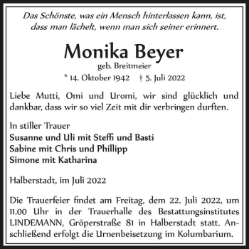 Traueranzeige von Monika Beyer (geb. Breitmeier)  von Magdeburger Volksstimme