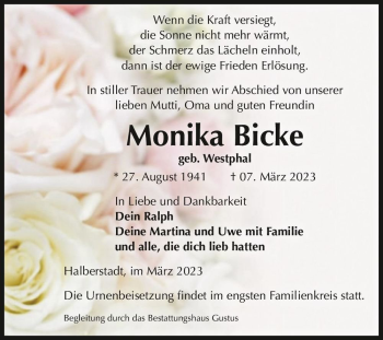 Traueranzeige von Monika Bicke (geb. Westphal)  von Magdeburger Volksstimme