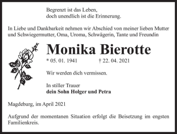 Traueranzeige von Monika Bierotte  von Magdeburger Volksstimme