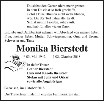 Traueranzeige von Monika Bierstedt  von Magdeburger Volksstimme