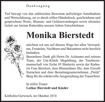 Traueranzeige von Monika Bierstedt  von Magdeburger Volksstimme