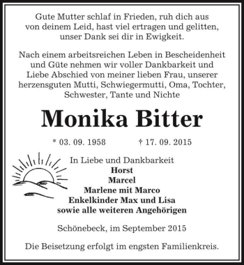 Traueranzeige von Monika Bitter  von Magdeburger Volksstimme