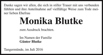 Traueranzeige von Monika Blutke  von Magdeburger Volksstimme