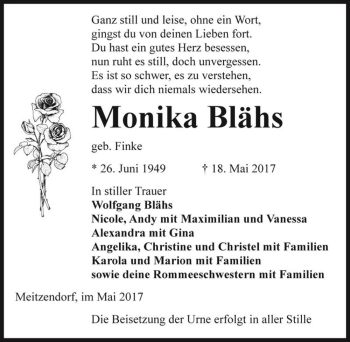 Traueranzeige von Monika Blähs (geb. Finke)  von Magdeburger Volksstimme