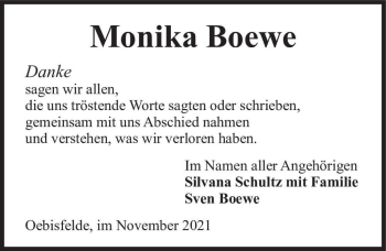 Traueranzeige von Monika Boewe  von Magdeburger Volksstimme