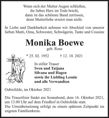 Traueranzeige von Monika Boewe (geb. Rose)  von Magdeburger Volksstimme
