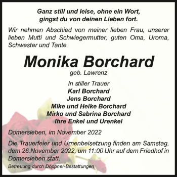 Traueranzeige von Monika Borchard (geb. Lawrenz)  von Magdeburger Volksstimme