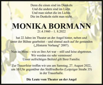 Traueranzeige von Monika Bormann  von Magdeburger Volksstimme