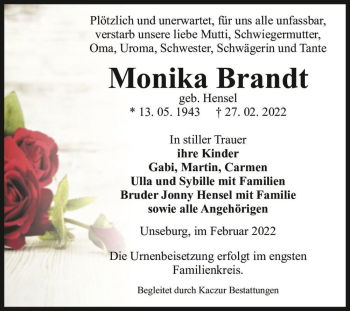Traueranzeige von Monika Brandt (geb. Hensel)  von Magdeburger Volksstimme