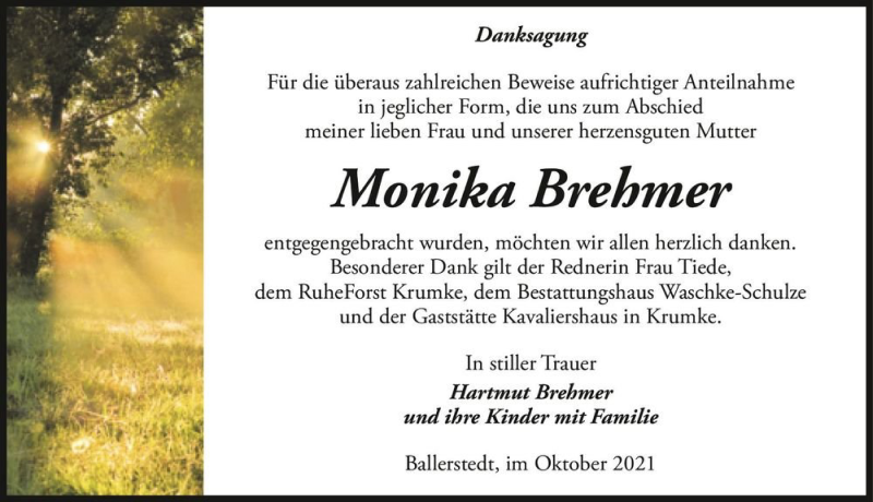  Traueranzeige für Monika Brehmer  vom 29.10.2021 aus Magdeburger Volksstimme