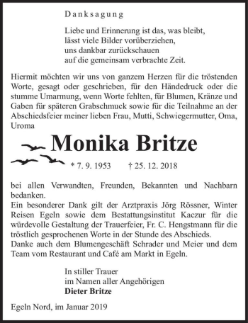Traueranzeige von Monika Britze  von Magdeburger Volksstimme