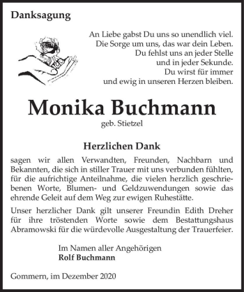 Traueranzeige von Monika Buchmann (geb. Stietzel)  von Magdeburger Volksstimme