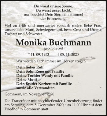 Traueranzeige von Monika Buchmann (geb. Stietzel)  von Magdeburger Volksstimme