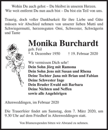 Traueranzeige von Monika Burchardt (geb. Feil)  von Magdeburger Volksstimme