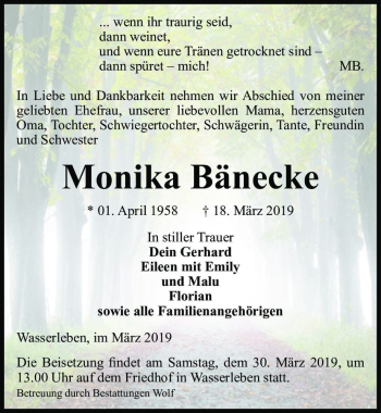 Traueranzeige von Monika Bänecke  von Magdeburger Volksstimme