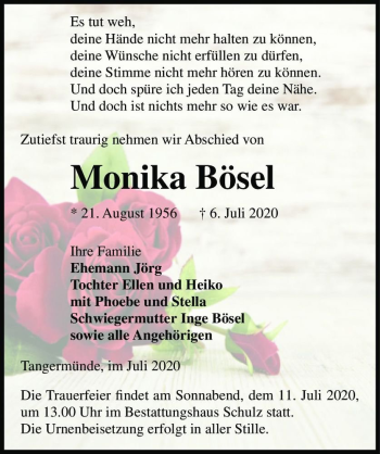 Traueranzeige von Monika Bösel  von Magdeburger Volksstimme