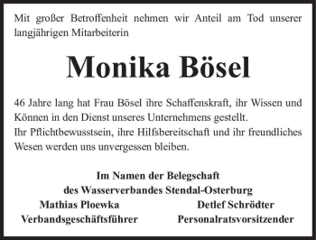 Traueranzeige von Monika Bösel  von Magdeburger Volksstimme