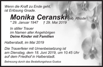 Traueranzeige von Monika Ceranski (geb. Rhode)  von Magdeburger Volksstimme