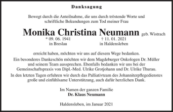 Traueranzeige von Monika Christina Neumann (geb. Wistrach)  von Magdeburger Volksstimme