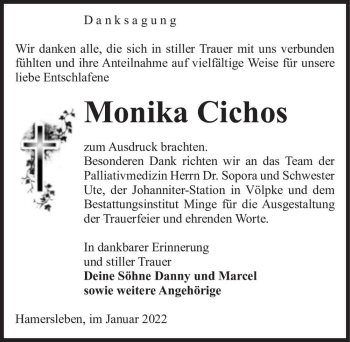 Traueranzeige von Monika Cichos  von Magdeburger Volksstimme