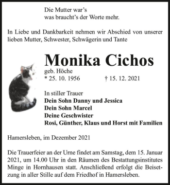 Traueranzeige von Monika Cichos 8geb. Höche)  von Magdeburger Volksstimme