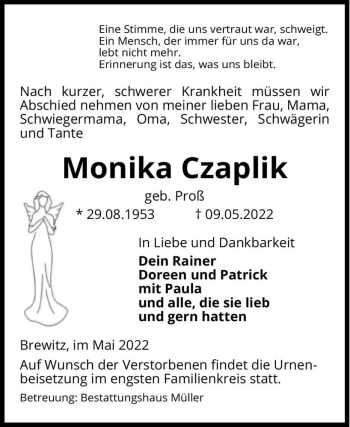 Traueranzeige von Monika Czaplik (geb. Proß)  von Magdeburger Volksstimme