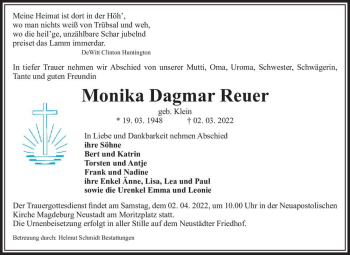 Traueranzeige von Monika Dagmar Reuer (geb. Klein)  von Magdeburger Volksstimme