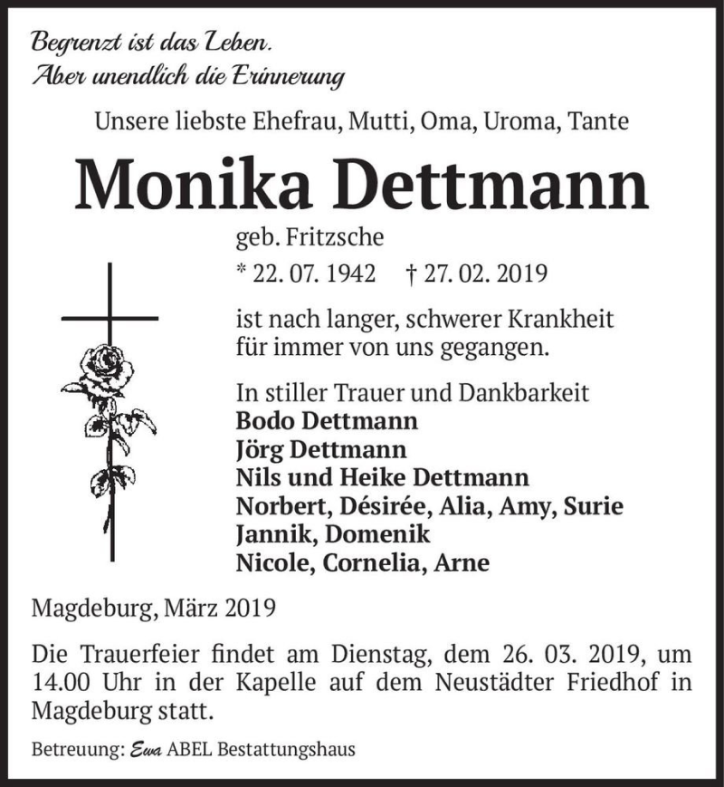  Traueranzeige für Monika Dettmann (geb. Fritzsche)  vom 16.03.2019 aus Magdeburger Volksstimme
