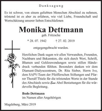 Traueranzeige von Monika Dettmann (geb. Fritzsche)  von Magdeburger Volksstimme