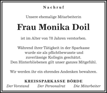 Traueranzeige von Monika Doil  von Magdeburger Volksstimme
