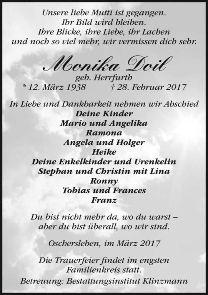  Traueranzeige für Monika Doil (geb. Herrfurth)  vom 08.03.2017 aus Magdeburger Volksstimme