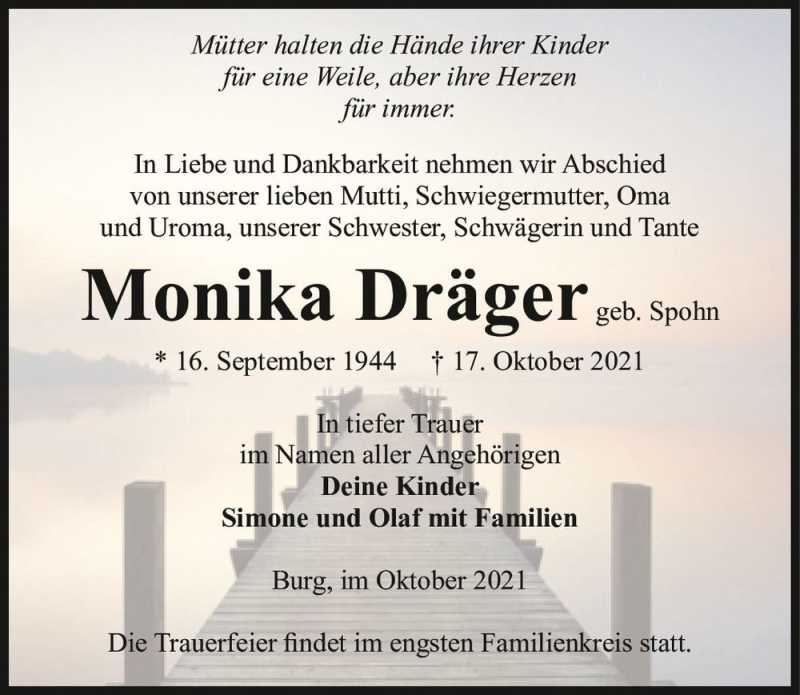  Traueranzeige für Monika Dräger (geb. Spohn)  vom 23.10.2021 aus Magdeburger Volksstimme