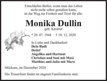 Traueranzeige von Monika Dullin (geb. Kasimir)  von Magdeburger Volksstimme