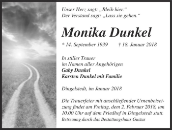 Traueranzeige von Monika Dunkel  von Magdeburger Volksstimme