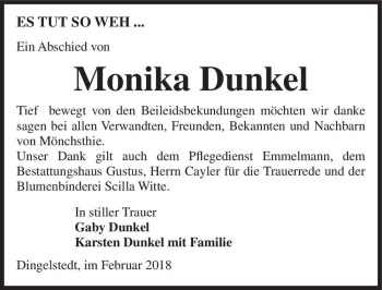 Traueranzeige von Monika Dunkel  von Magdeburger Volksstimme