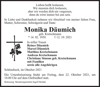 Traueranzeige von Monika Däumich (geb. Kretschmann)  von Magdeburger Volksstimme
