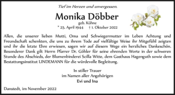 Traueranzeige von Monika Döbber (geb. Kühne)  von Magdeburger Volksstimme