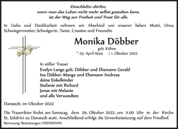 Traueranzeige von Monika Döbber (geb. Kühne)  von Magdeburger Volksstimme